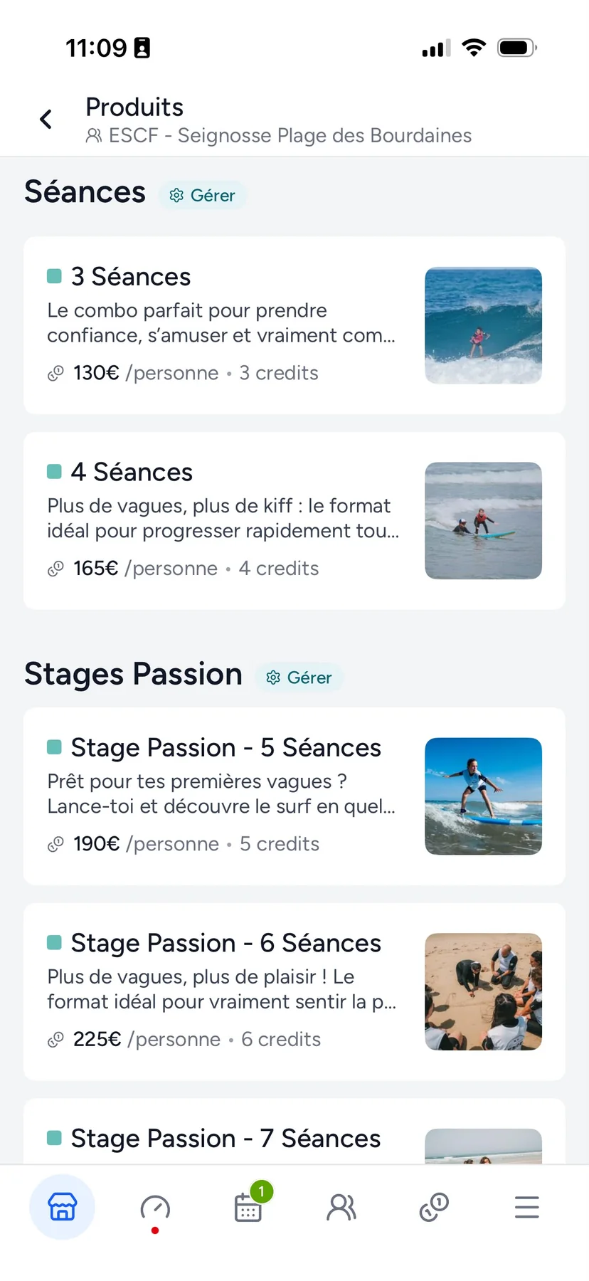 Écran mobile Shaker montrant des forfaits de cours de surf et des offres de camps
