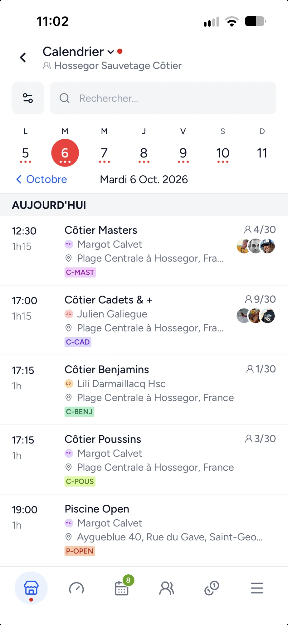 Les séances de sauvetage côtier en liste et dans le calendrier Shaker