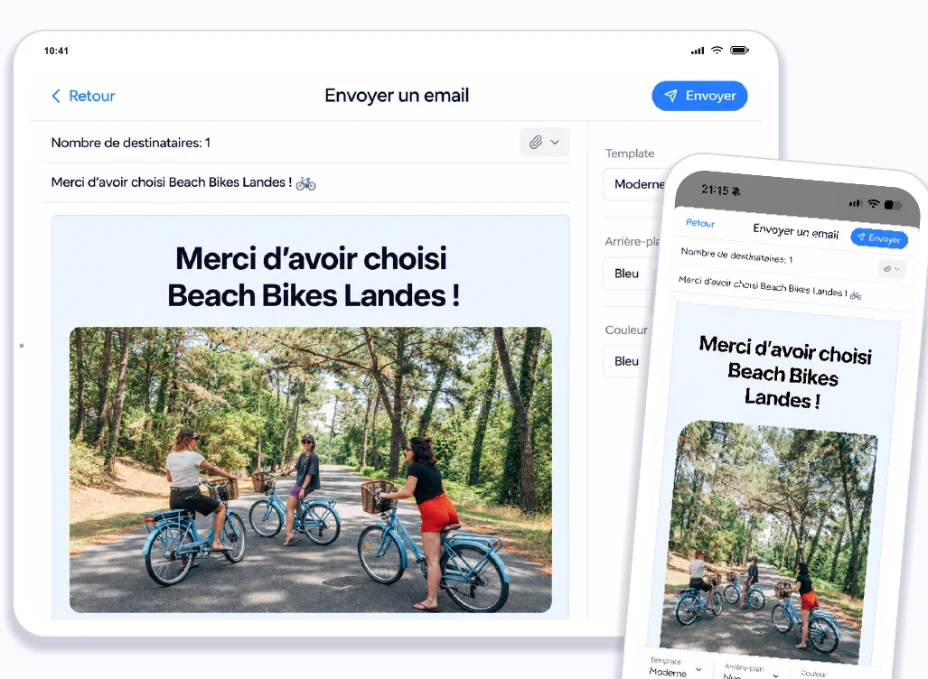 Correo al cliente Beach Bikes en Shaker en tableta y teléfono