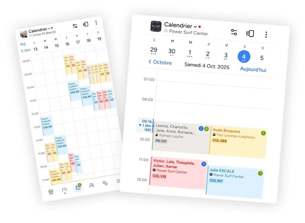 Calendrier Shaker pour écoles de surf affichant les cours et les informations de marée