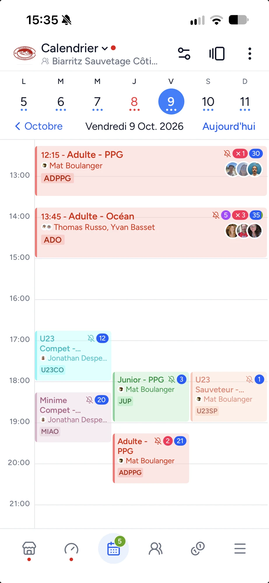 Les séances de sauvetage côtier en liste et dans le calendrier Shaker