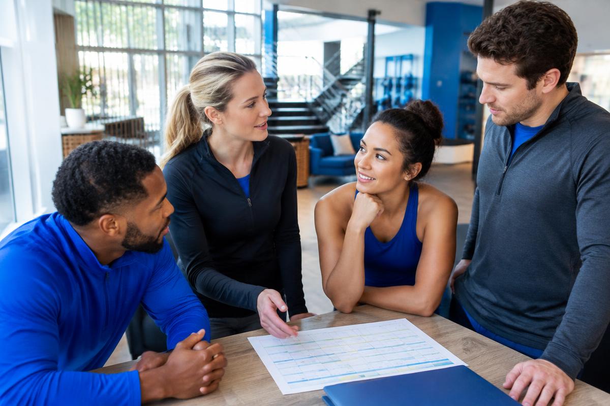 Fitness team coordinating at a sports facility